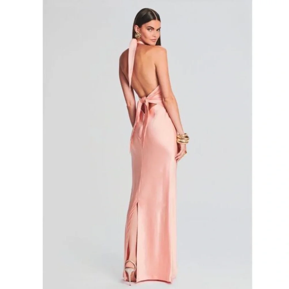 Retrofete Ester Satin Maxi Gown Size L Cantaloupe Peach Halter Dress Party Event